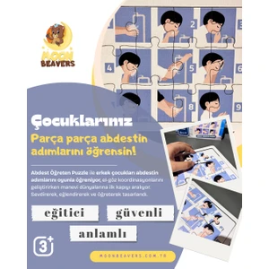 Moon Beavers Erkek Abdest Eğitim Seti – Çocuklar İçin Islamî Temizlik Bilinci Kazandıran Ahşap Puzzle Seti