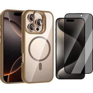 Apple iPhone 15 Pro Kılıf Standlı ve Kamera Lens Hediyeli M-Safe Şarj Özellikli Zore Etro Kapak + Hayalet Ekran Koruyucu