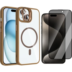 Apple iPhone 15 Kılıf Standlı ve Kamera Lens Hediyeli M-Safe Şarj Özellikli Zore Etro Kapak + Hayalet Ekran Koruyucu