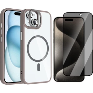 Apple iPhone 15 Kılıf Standlı ve Kamera Lens Hediyeli M-Safe Şarj Özellikli Zore Etro Kapak + Hayalet Ekran Koruyucu
