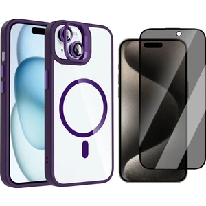 Apple iPhone 15 Kılıf Standlı ve Kamera Lens Hediyeli M-Safe Şarj Özellikli Zore Etro Kapak + Hayalet Ekran Koruyucu