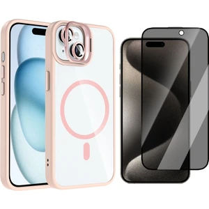Apple iPhone 15 Kılıf Standlı ve Kamera Lens Hediyeli M-Safe Şarj Özellikli Zore Etro Kapak + Hayalet Ekran Koruyucu