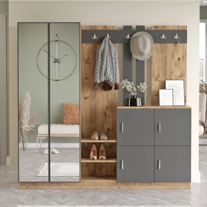 Deep Aynalı Vestiyer Portmanto Ayakkabılık Raflı 6 Kapaklı Çam-Antrasit Dep9-Aa