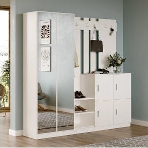 Deep Aynalı Vestiyer Portmanto Ayakkabılık Raflı 6 Kapaklı Beyaz Dep9-W