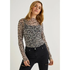 Moda Kadın Desenli Transparan Tül Body | Uzun Kollu Esnek Ince Fit | Leopar & Zebra Desen - Yazlık Şık Üst