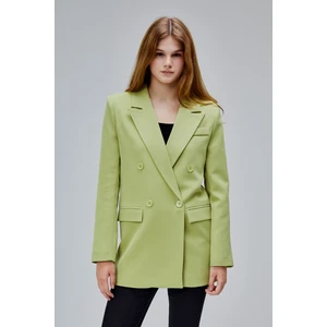 Açık Haki Regular Astarlı Kruvaze Kapama Dokuma Oversize Blazer Ceket