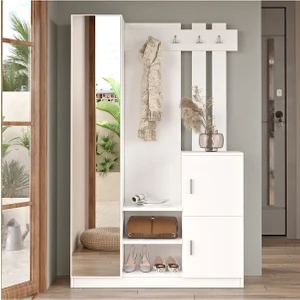 Henley Aynalı Vestiyer Portmanto Ayakkabılık Raflı 3 Kapaklı Beyaz Hen7-W