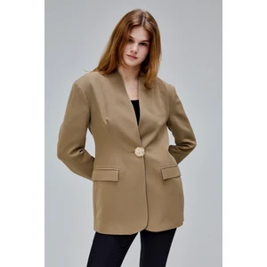 Koyu Haki Salaş Kesim Düğme Detaylı Dokuma Blazer Ceket