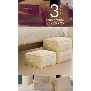 3'lü Set Büyük Boy 70X50X25CM Pencereli Çekyat&baza Altı,yorgan&yastık Düzenleyici Hurç Krem