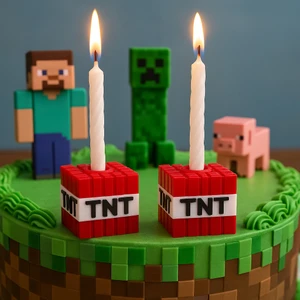 Flexi Lab Creative Minecraft Temalı 2’li Kırmızı Blok Tasarımlı Mumluk – Doğum Günü Pastası Için