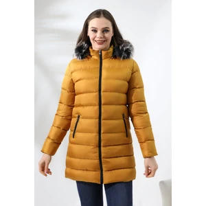 Kadın Kapüşonlu Fermuarlı Microjel Dolumlu Peluşlu Su ve Rüzgar Gecirmez Monta