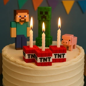 Flexilab Creative Minecraft Tnt Tasarımlı 3'lü Mumluk Seti – Doğum Günü Pastası ve Parti Süsü