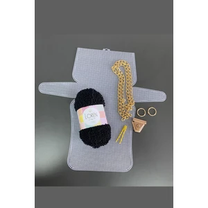 Kanvas Çanta Örgü Kiti 45X12CM - Siyah Kuzu Ipi Plastik Kanvas Çanta Seti Zincirli