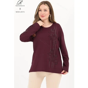 Kadın Orta Yaş ve Üzeri Viskon Şerit Desen Taşlı Işlemeli Likralı Koyu Bordo Anne Penye Bluz