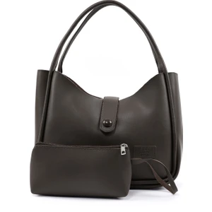 Kahve Rengi SHK79 Deri Düğme Detaylı Çıtçıtlı Makyaj Çantalı Kol ve Omuz Çantası