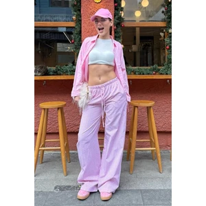 Pembe Beli Ayarlanabilir Ekoseli Bol Paça Kadın Pantolon MG2335