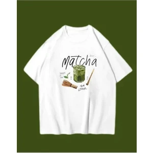Matcha Baskılı Oversize Unisex Beyaz Pinterest Tshirt