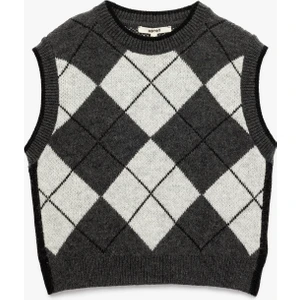 Baklava Desenli Kolsuz Bisiklet Yaka Triko Süveter