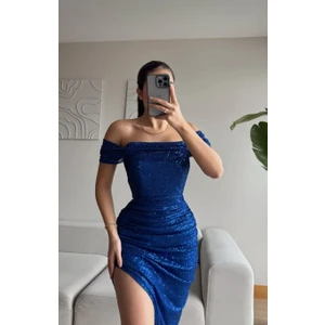 Degaje  Yaka Midi Boy Astarlı Payetli Yırtmaç ve Drape Detaylı Elbise