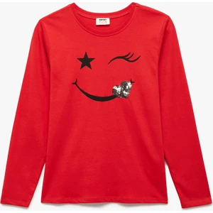 Uzun Kollu Bisiklet Yaka Pullu Payetli Tişört