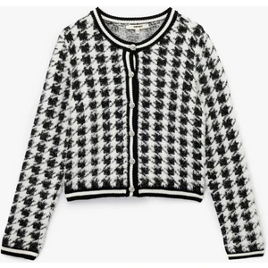 Uzun Kollu Yuvarlak Yaka Kazayağı Desenli Düğmeli Peluş Hırka