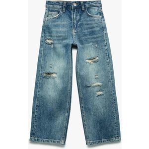 Pamuklu Yıpratma Detaylı Geniş Paça Denim Pantolon