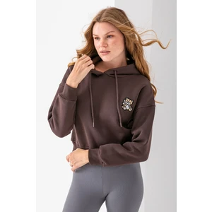 Kadın Kapüşonlu Ayıcık Nakışlı 3ip Crop Sweatshirt Kahverengi - 2668