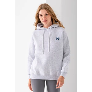 Kadın Kapüşonlu Taşlı Fiyonk Nakışlı 3ip Sweatshirt Gri - 2623