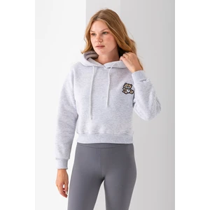 Kadın Kapüşonlu Ayıcık Nakışlı 3ip Crop Sweatshirt Gri - 2668