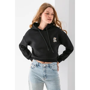 Kadın Kapüşonlu Ayıcık Nakışlı 3ip Crop Sweatshirt Siyah - 2668