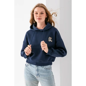 Kadın Kapüşonlu Ayıcık Nakışlı 3ip Crop Sweatshirt Lacivert - 2668