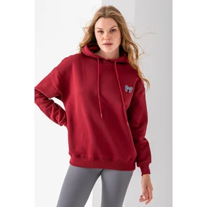 Kadın Kapüşonlu Taşlı Fiyonk Nakışlı 3ip Sweatshirt Bordo - 2623