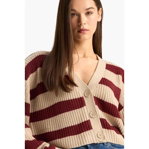 Regular Fit V Yaka Çizgili Düğmeli Triko Hırka Z8539AZ25WN