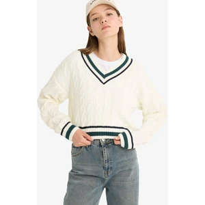 Coool Regular Fit V Yaka Saç Örgülü Triko Kazak C7321AX25WN