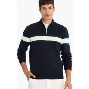 Standart Fit Dik Yaka Fermuarlı Renk Bloklu Triko Kazak Y4193AZ25WN