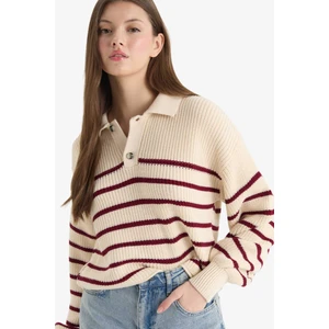 Relax Fit Polo Yaka Düğmeli Çizgili Triko Kazak C4918AX25WN