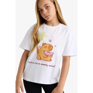 Kız Çocuk Oversize Geniş Kalıp Bisiklet Yaka Baskılı Kısa Kollu Tişört F9722A825HS