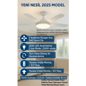 Tavan Vantilatörü LED Ampul 81 cm Büyük Boy 3 Kademe Fan 3 Işık Modu Kumandalı E27 Uyumlu