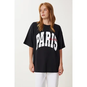 Baskılı Nakış Işlemeli Oversize Örme T-Shirt LKT0015 Siyah