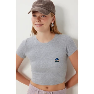 Ayıcık Nakışlı Fitilli Örme Crop T-Shirt LZH0015 Gri