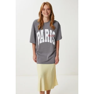 Baskılı Nakış Işlemeli Oversize Örme T-Shirt LKT0015 Füme