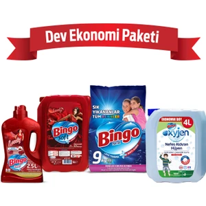 "Dev Ekonomi Paketi ; Bingo Matik 9 kg Sık Yıkananlar + Bingo Soft 5 ltLovely + Bingo Fresh 2,5 lt Lovely +  Bingo Oksijen Çamaşır Suyu"