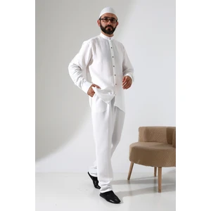 Erkek Müslin Hakim Yaka Gömlek Pantolon Ikili Takım Hac ve Umre Kıyafeti - Beyaz  (Cnr)