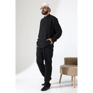 Erkek Müslin Hakim Yaka Gömlek Pantolon Ikili Takım Hac ve Umre Kıyafeti - Siyah  (Cnr)
