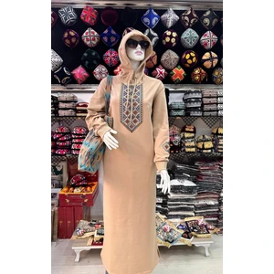 Uygur Kanaviçe Desenli Kapüşonlu Penye Kadın Tunik