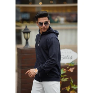 Erkek Yumuşacık Kumaşlı Fermuarlı Nakışlı Kapüşonlu Lacivert Sweatshirt