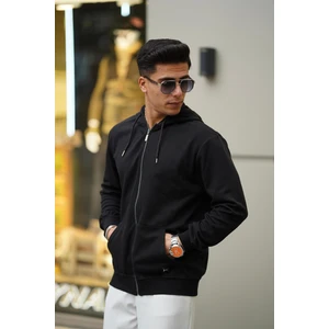 Erkek Yumuşacık Kumaşlı Fermuarlı Nakışlı Kapüşonlu Siyah Sweatshirt