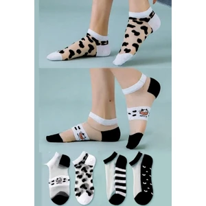 Kadın 5 Çift Inek Desenli Tül Çorap Beyaz