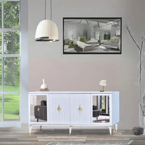 Neva Mobilya Tuna Konsol Beyaz Yanları Aynalı Gold Halkalı Kulplu 4 Kapaklı Konsol 160x44x82 cm
