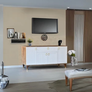 Neva Mobilya Arya Konsol 4 Kapaklı 1 Çekmeceli Beyaz Atlantik Çam Gold Detaylı 160x80x44 Cm